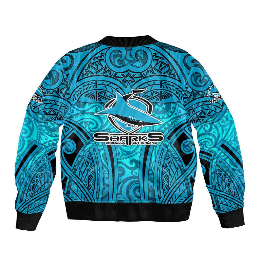 Cronulla Sutherland Sharks Rugby Bomber Jacket Polynesian Tribal Shark Warrior Ocean Blue Pattern
