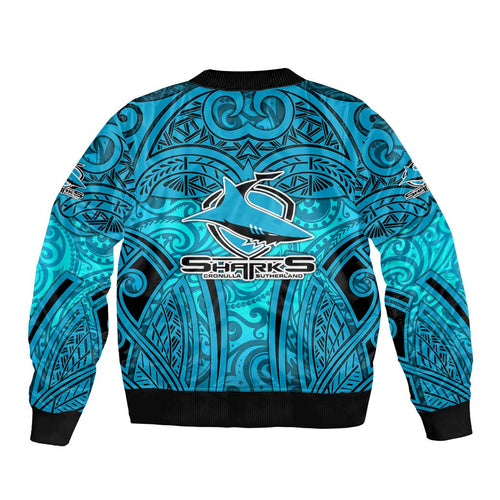 Cronulla Sutherland Sharks Rugby Bomber Jacket Polynesian Tribal Shark Warrior Ocean Blue Pattern