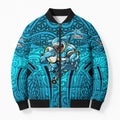 Cronulla Sutherland Sharks Rugby Bomber Puffer Jacket Polynesian Tribal Shark Warrior Ocean Blue Pattern