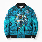 Cronulla Sutherland Sharks Rugby Bomber Puffer Jacket Polynesian Tribal Shark Warrior Ocean Blue Pattern