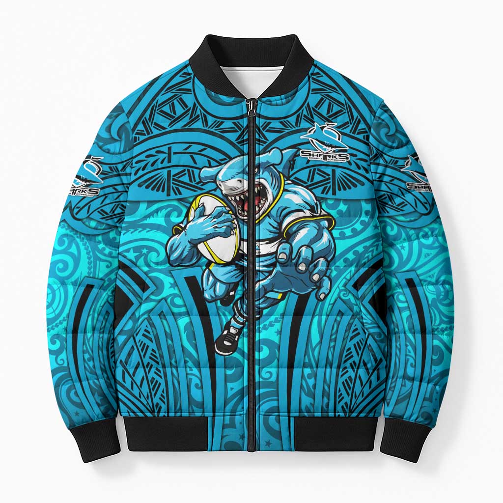 Cronulla Sutherland Sharks Rugby Bomber Puffer Jacket Polynesian Tribal Shark Warrior Ocean Blue Pattern