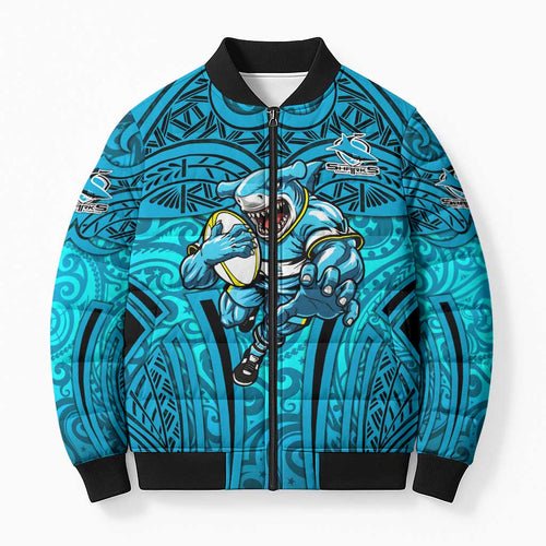 Cronulla Sutherland Sharks Rugby Bomber Puffer Jacket Polynesian Tribal Shark Warrior Ocean Blue Pattern