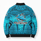 Cronulla Sutherland Sharks Rugby Bomber Puffer Jacket Polynesian Tribal Shark Warrior Ocean Blue Pattern