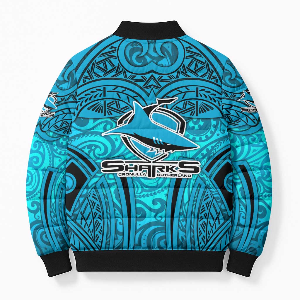 Cronulla Sutherland Sharks Rugby Bomber Puffer Jacket Polynesian Tribal Shark Warrior Ocean Blue Pattern