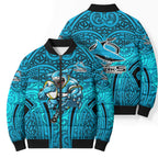 Cronulla Sutherland Sharks Rugby Bomber Puffer Jacket Polynesian Tribal Shark Warrior Ocean Blue Pattern