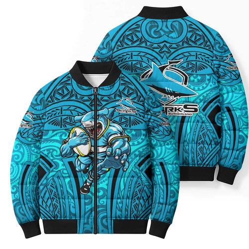Cronulla Sutherland Sharks Rugby Bomber Puffer Jacket Polynesian Tribal Shark Warrior Ocean Blue Pattern