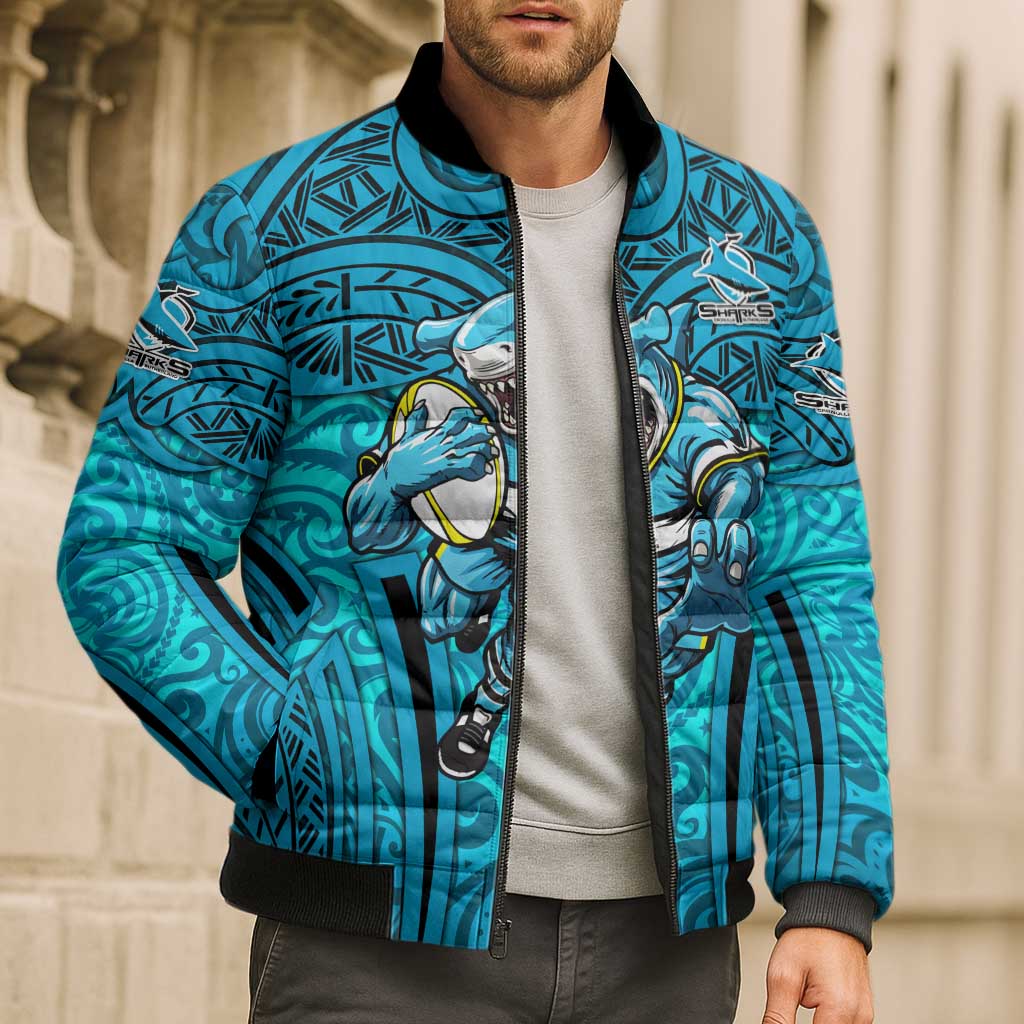 Cronulla Sutherland Sharks Rugby Bomber Puffer Jacket Polynesian Tribal Shark Warrior Ocean Blue Pattern