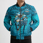 Cronulla Sutherland Sharks Rugby Bomber Puffer Jacket Polynesian Tribal Shark Warrior Ocean Blue Pattern