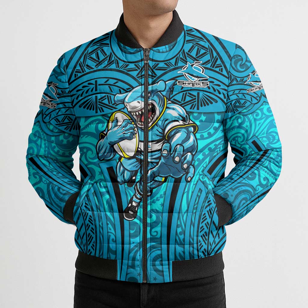 Cronulla Sutherland Sharks Rugby Bomber Puffer Jacket Polynesian Tribal Shark Warrior Ocean Blue Pattern