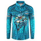 Cronulla Sutherland Sharks Rugby Button Sweatshirt Polynesian Tribal Shark Warrior Ocean Blue Pattern