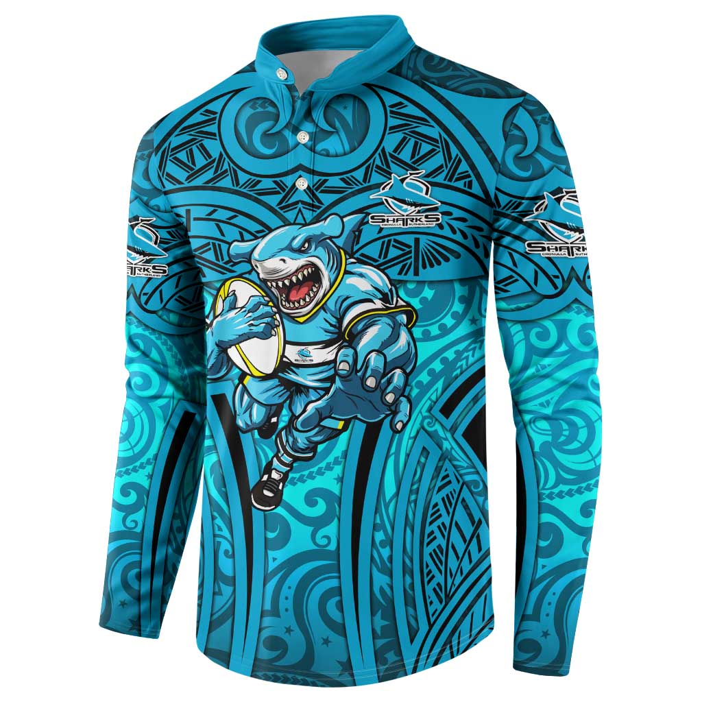 Cronulla Sutherland Sharks Rugby Button Sweatshirt Polynesian Tribal Shark Warrior Ocean Blue Pattern