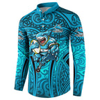 Cronulla Sutherland Sharks Rugby Button Sweatshirt Polynesian Tribal Shark Warrior Ocean Blue Pattern