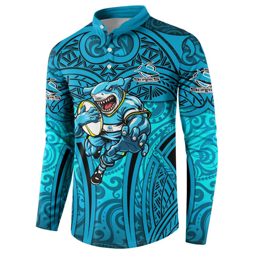 Cronulla Sutherland Sharks Rugby Button Sweatshirt Polynesian Tribal Shark Warrior Ocean Blue Pattern
