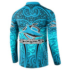 Cronulla Sutherland Sharks Rugby Button Sweatshirt Polynesian Tribal Shark Warrior Ocean Blue Pattern