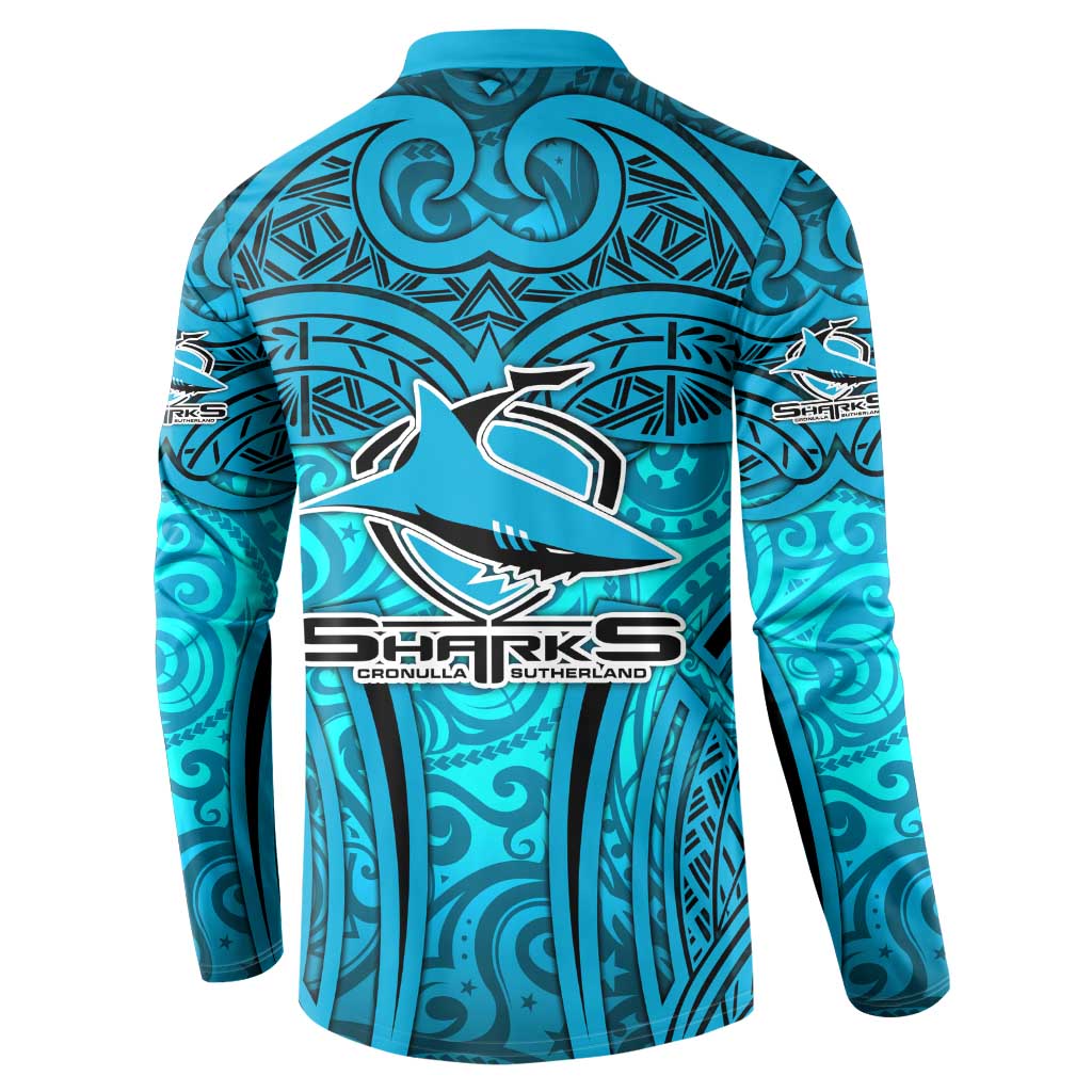 Cronulla Sutherland Sharks Rugby Button Sweatshirt Polynesian Tribal Shark Warrior Ocean Blue Pattern