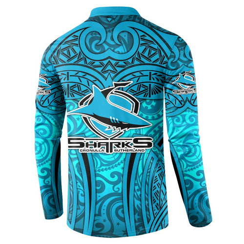 Cronulla Sutherland Sharks Rugby Button Sweatshirt Polynesian Tribal Shark Warrior Ocean Blue Pattern