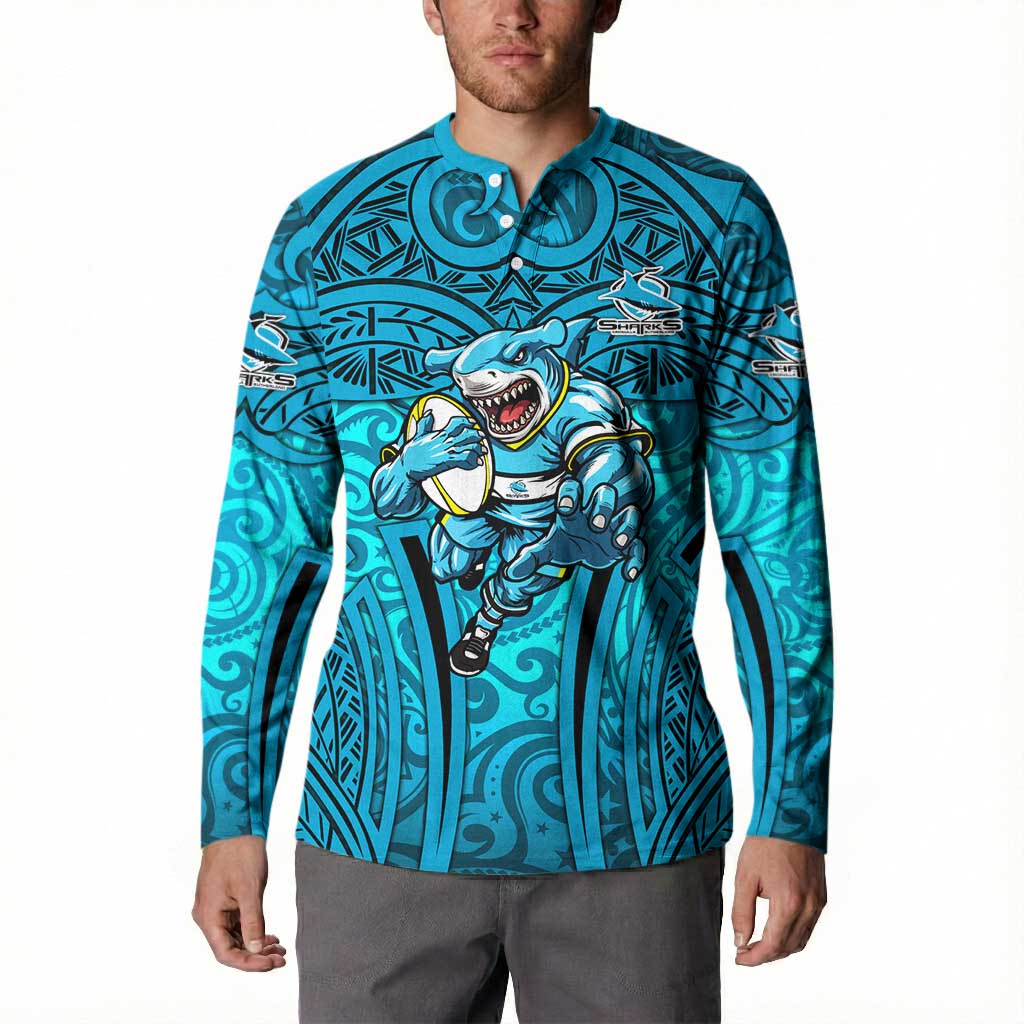 Cronulla Sutherland Sharks Rugby Button Sweatshirt Polynesian Tribal Shark Warrior Ocean Blue Pattern