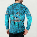 Cronulla Sutherland Sharks Rugby Button Sweatshirt Polynesian Tribal Shark Warrior Ocean Blue Pattern