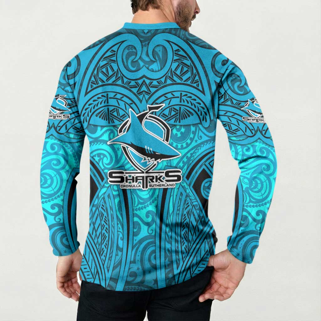 Cronulla Sutherland Sharks Rugby Button Sweatshirt Polynesian Tribal Shark Warrior Ocean Blue Pattern