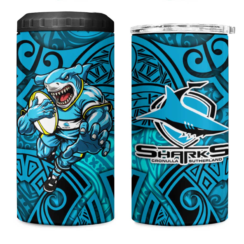 Cronulla Sutherland Sharks Rugby 4 in 1 Can Cooler Tumbler Polynesian Tribal Shark Warrior Ocean Blue Pattern