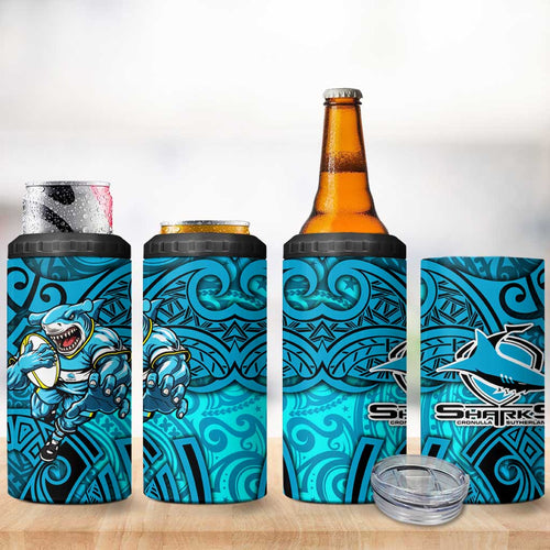 Cronulla Sutherland Sharks Rugby 4 in 1 Can Cooler Tumbler Polynesian Tribal Shark Warrior Ocean Blue Pattern