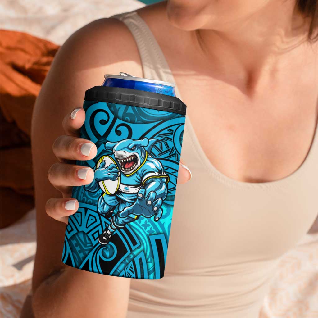 Cronulla Sutherland Sharks Rugby 4 in 1 Can Cooler Tumbler Polynesian Tribal Shark Warrior Ocean Blue Pattern