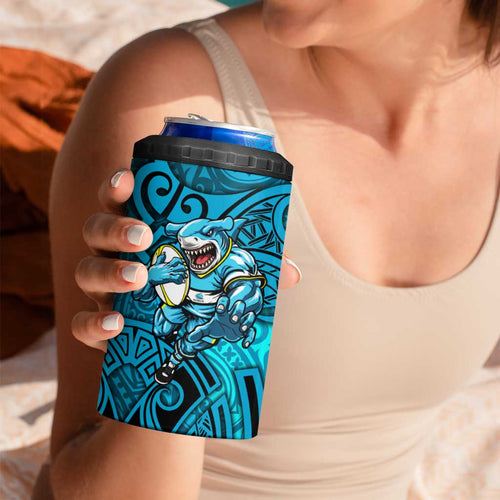 Cronulla Sutherland Sharks Rugby 4 in 1 Can Cooler Tumbler Polynesian Tribal Shark Warrior Ocean Blue Pattern