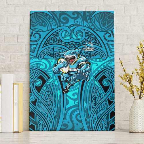 Cronulla Sutherland Sharks Rugby Canvas Wall Art Polynesian Tribal Shark Warrior Ocean Blue Pattern
