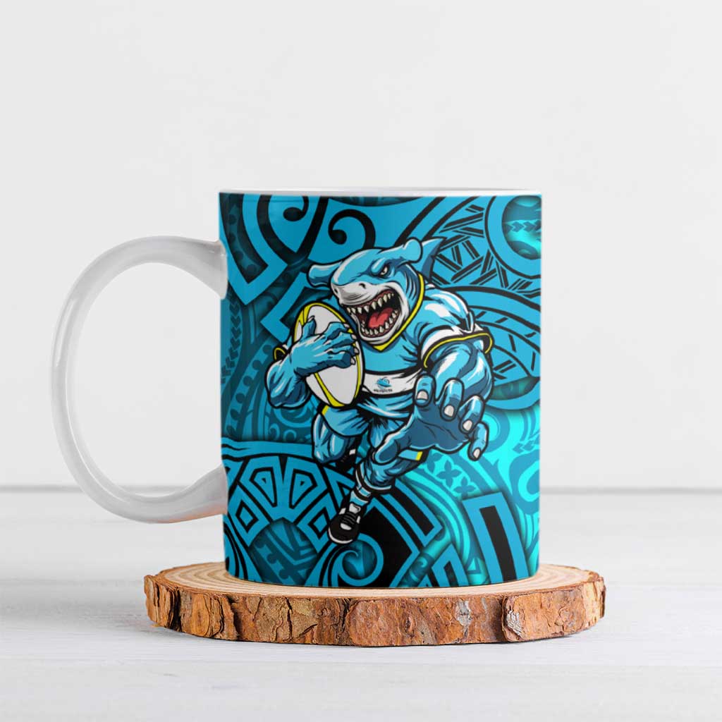Cronulla Sutherland Sharks Rugby Ceramic Mug Polynesian Tribal Shark Warrior Ocean Blue Pattern