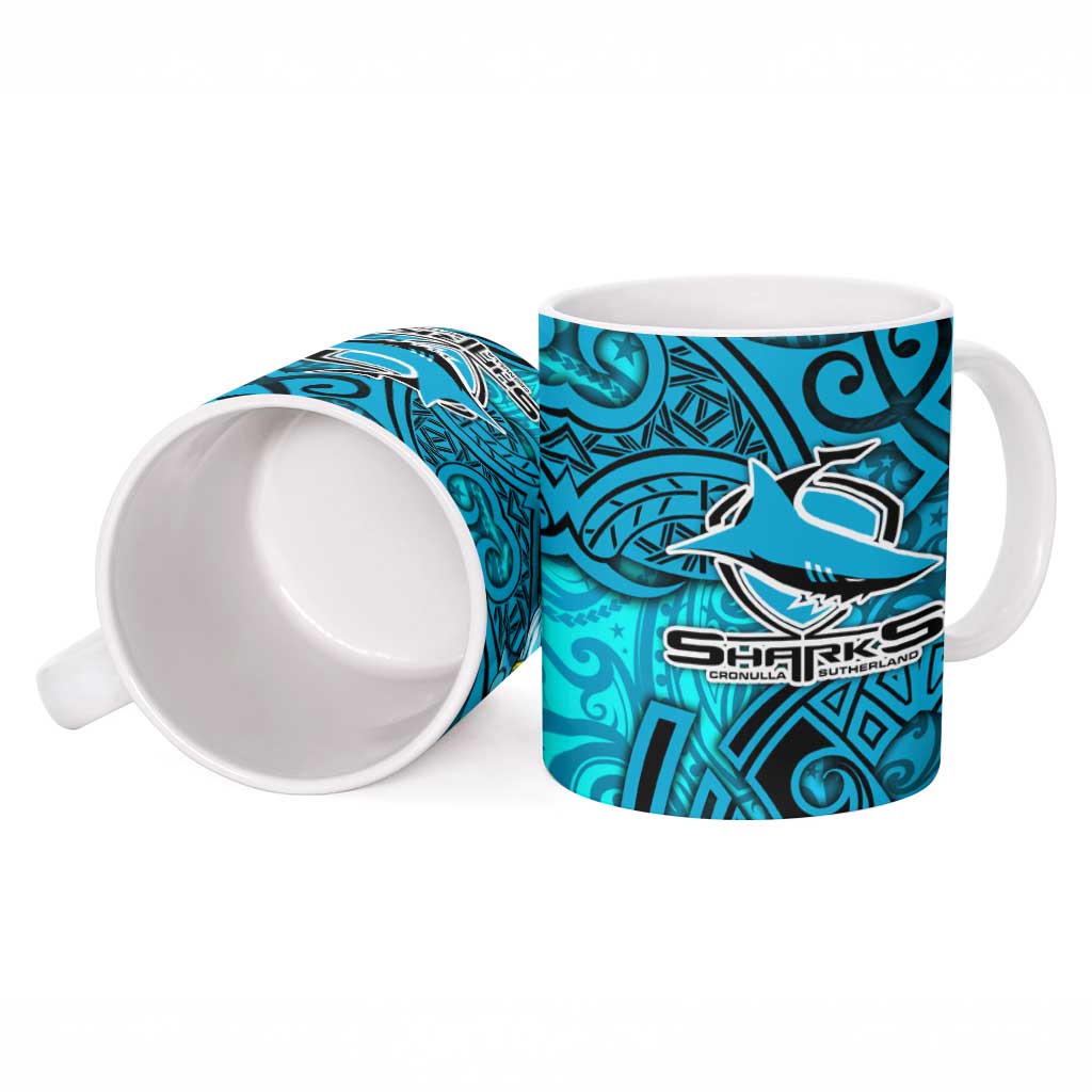 Cronulla Sutherland Sharks Rugby Ceramic Mug Polynesian Tribal Shark Warrior Ocean Blue Pattern