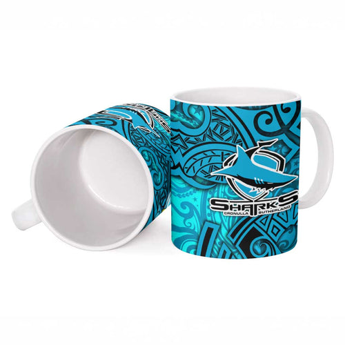 Cronulla Sutherland Sharks Rugby Ceramic Mug Polynesian Tribal Shark Warrior Ocean Blue Pattern