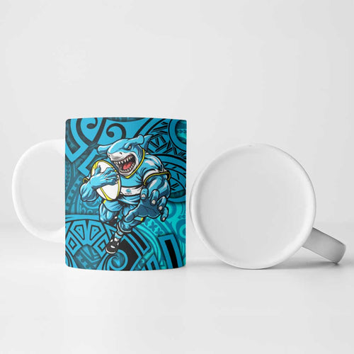 Cronulla Sutherland Sharks Rugby Ceramic Mug Polynesian Tribal Shark Warrior Ocean Blue Pattern