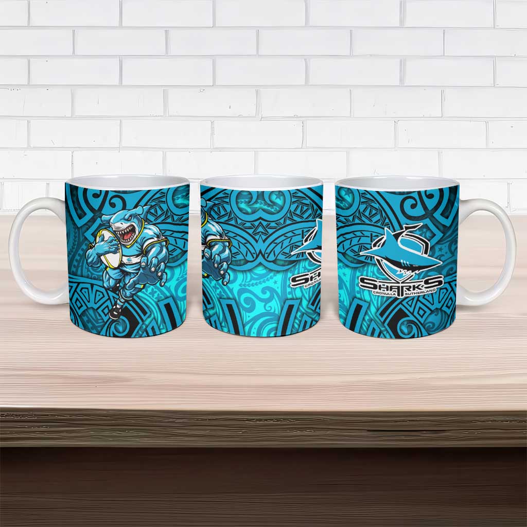 Cronulla Sutherland Sharks Rugby Ceramic Mug Polynesian Tribal Shark Warrior Ocean Blue Pattern