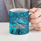 Cronulla Sutherland Sharks Rugby Ceramic Mug Polynesian Tribal Shark Warrior Ocean Blue Pattern
