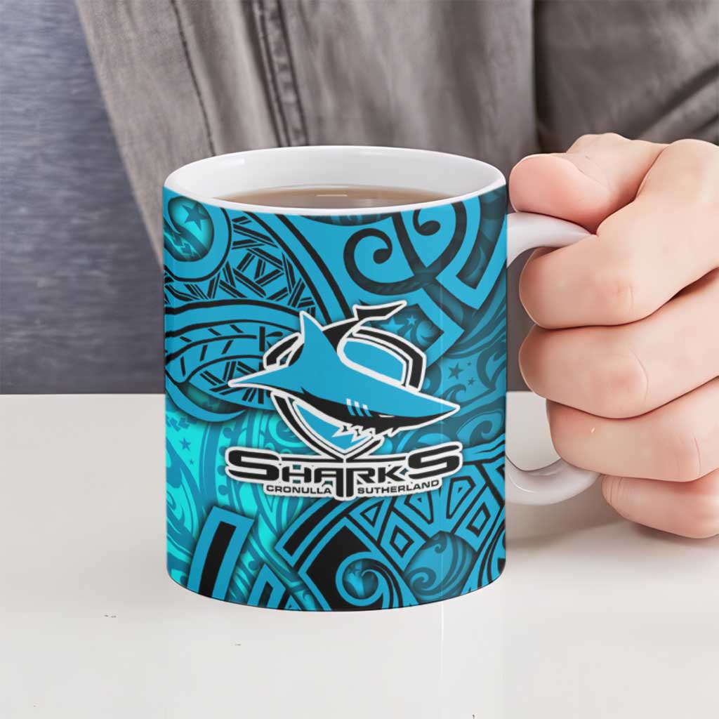 Cronulla Sutherland Sharks Rugby Ceramic Mug Polynesian Tribal Shark Warrior Ocean Blue Pattern