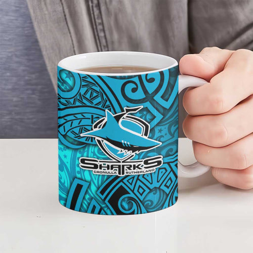 Cronulla Sutherland Sharks Rugby Ceramic Mug Polynesian Tribal Shark Warrior Ocean Blue Pattern