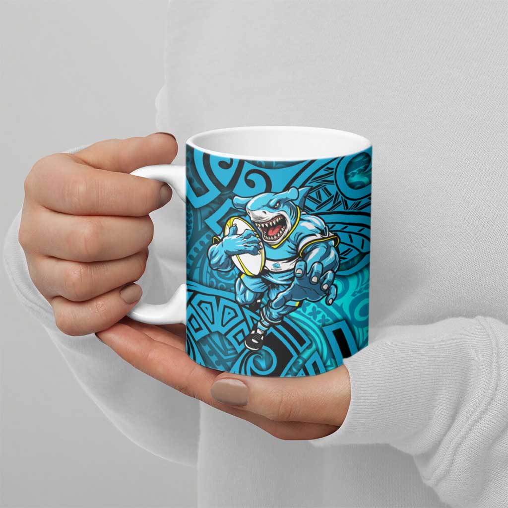 Cronulla Sutherland Sharks Rugby Ceramic Mug Polynesian Tribal Shark Warrior Ocean Blue Pattern