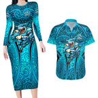 Cronulla Sutherland Sharks Rugby Couples Matching Long Sleeve Bodycon Dress and Hawaiian Shirt Polynesian Tribal Shark Warrior Ocean Blue Pattern