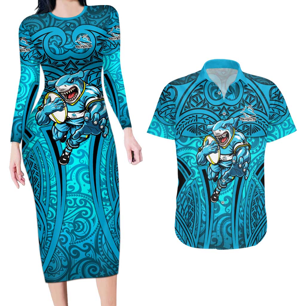 Cronulla Sutherland Sharks Rugby Couples Matching Long Sleeve Bodycon Dress and Hawaiian Shirt Polynesian Tribal Shark Warrior Ocean Blue Pattern