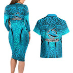 Cronulla Sutherland Sharks Rugby Couples Matching Long Sleeve Bodycon Dress and Hawaiian Shirt Polynesian Tribal Shark Warrior Ocean Blue Pattern