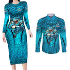 Cronulla Sutherland Sharks Rugby Couples Matching Long Sleeve Bodycon Dress and Long Sleeve Button Shirt Polynesian Tribal Shark Warrior Ocean Blue Pattern