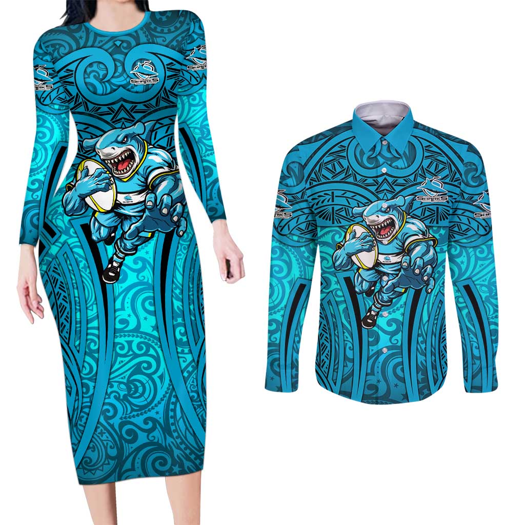 Cronulla Sutherland Sharks Rugby Couples Matching Long Sleeve Bodycon Dress and Long Sleeve Button Shirt Polynesian Tribal Shark Warrior Ocean Blue Pattern