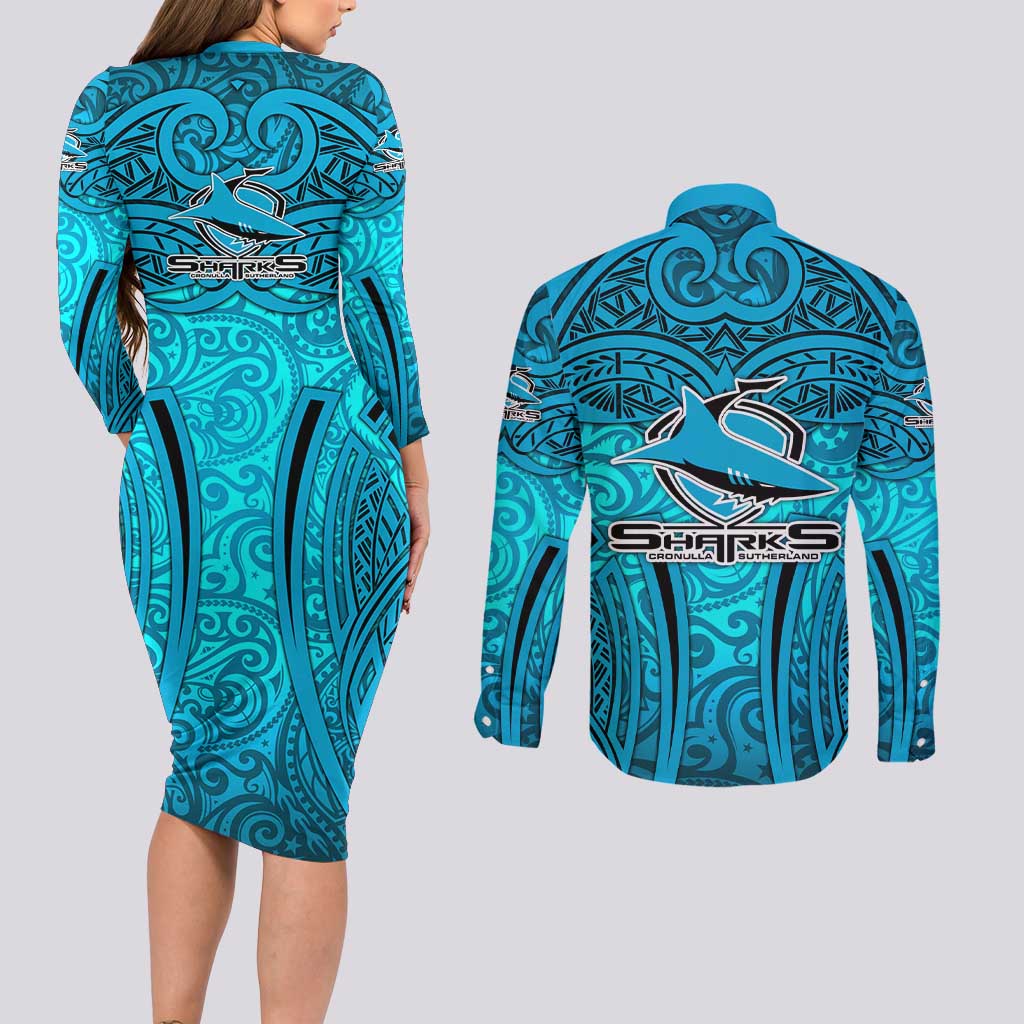Cronulla Sutherland Sharks Rugby Couples Matching Long Sleeve Bodycon Dress and Long Sleeve Button Shirt Polynesian Tribal Shark Warrior Ocean Blue Pattern