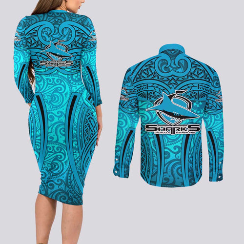 Cronulla Sutherland Sharks Rugby Couples Matching Long Sleeve Bodycon Dress and Long Sleeve Button Shirt Polynesian Tribal Shark Warrior Ocean Blue Pattern