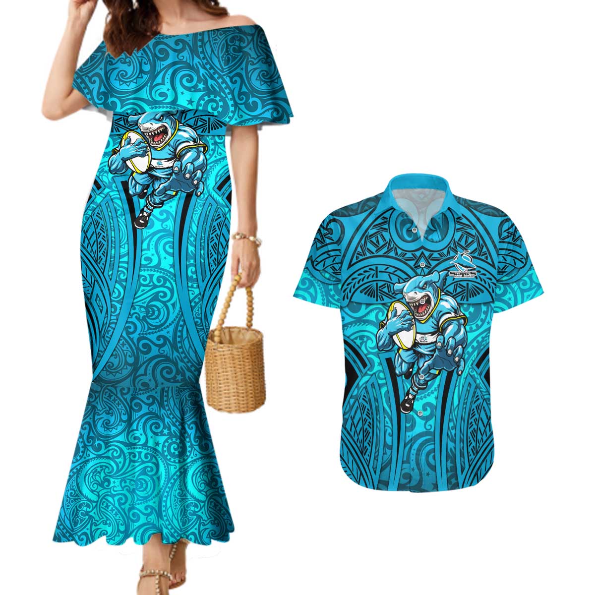 Cronulla Sutherland Sharks Rugby Couples Matching Mermaid Dress and Hawaiian Shirt Polynesian Tribal Shark Warrior Ocean Blue Pattern