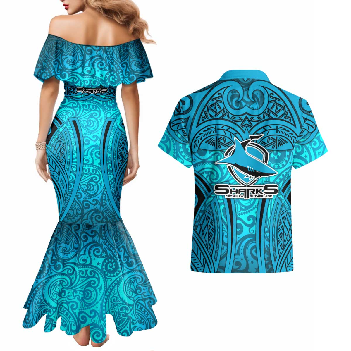 Cronulla Sutherland Sharks Rugby Couples Matching Mermaid Dress and Hawaiian Shirt Polynesian Tribal Shark Warrior Ocean Blue Pattern