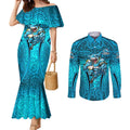 Cronulla Sutherland Sharks Rugby Couples Matching Mermaid Dress and Long Sleeve Button Shirt Polynesian Tribal Shark Warrior Ocean Blue Pattern