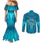 Cronulla Sutherland Sharks Rugby Couples Matching Mermaid Dress and Long Sleeve Button Shirt Polynesian Tribal Shark Warrior Ocean Blue Pattern
