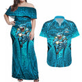 Cronulla Sutherland Sharks Rugby Couples Matching Off Shoulder Maxi Dress and Hawaiian Shirt Polynesian Tribal Shark Warrior Ocean Blue Pattern