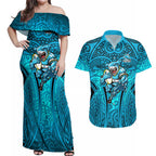 Cronulla Sutherland Sharks Rugby Couples Matching Off Shoulder Maxi Dress and Hawaiian Shirt Polynesian Tribal Shark Warrior Ocean Blue Pattern